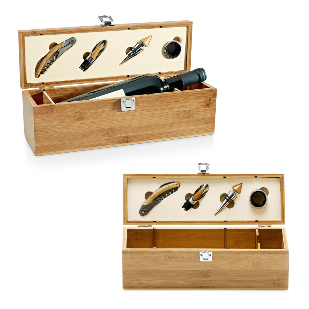 Caja para botellas con accesorios.