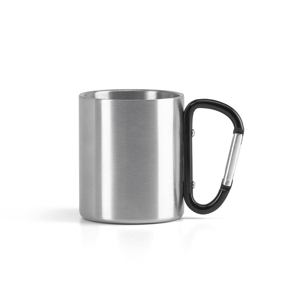 Taza de acero inoxidable con mosquetón.