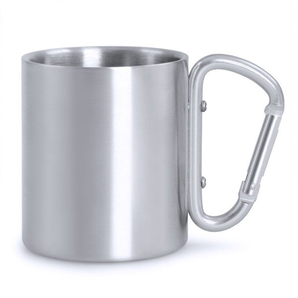 Taza de acero inoxidable con mosquetón.