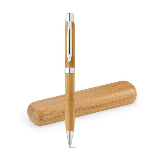 Estuche de bambú con bolígrafo.