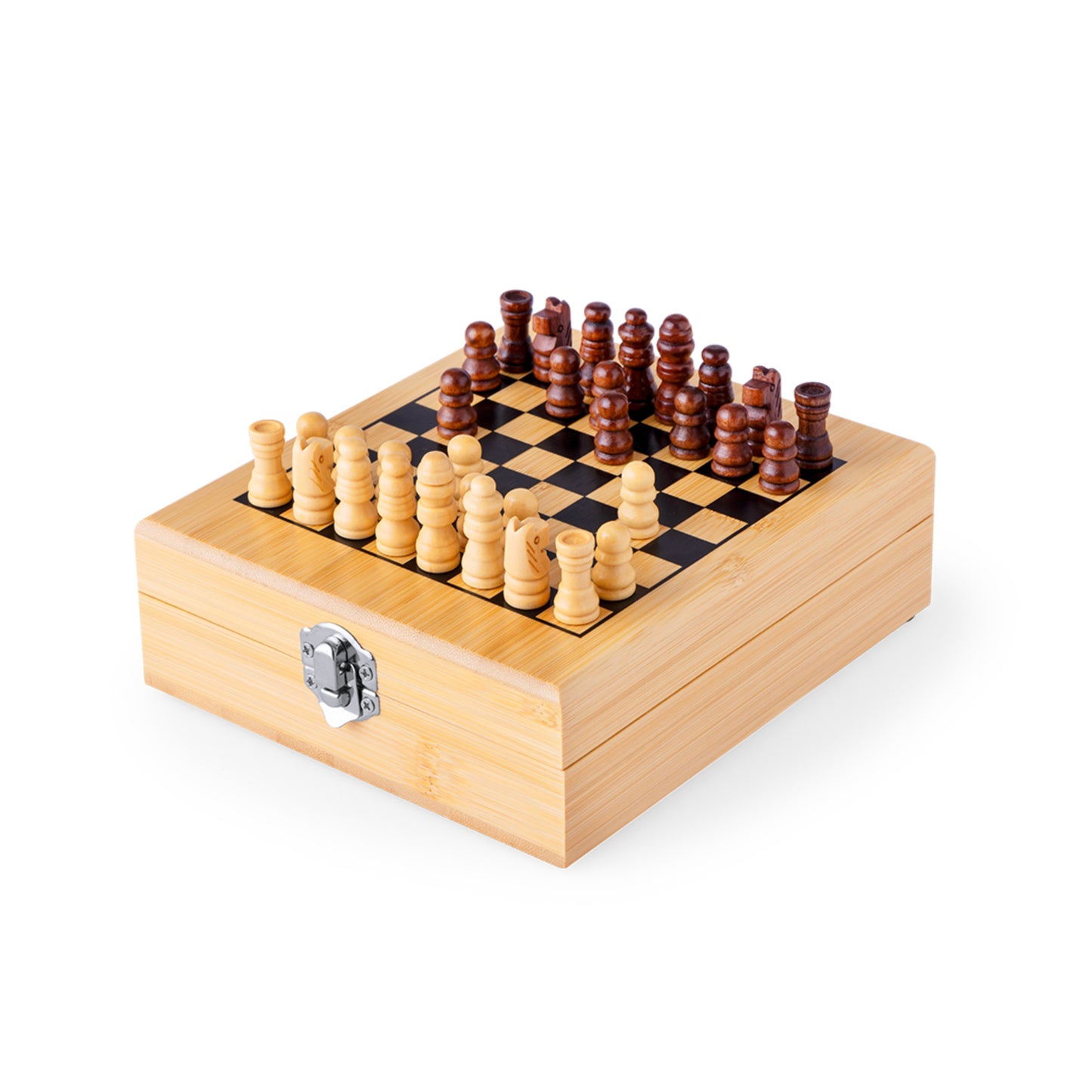 Caixa com jogo de xadrez e acessórios para vinho