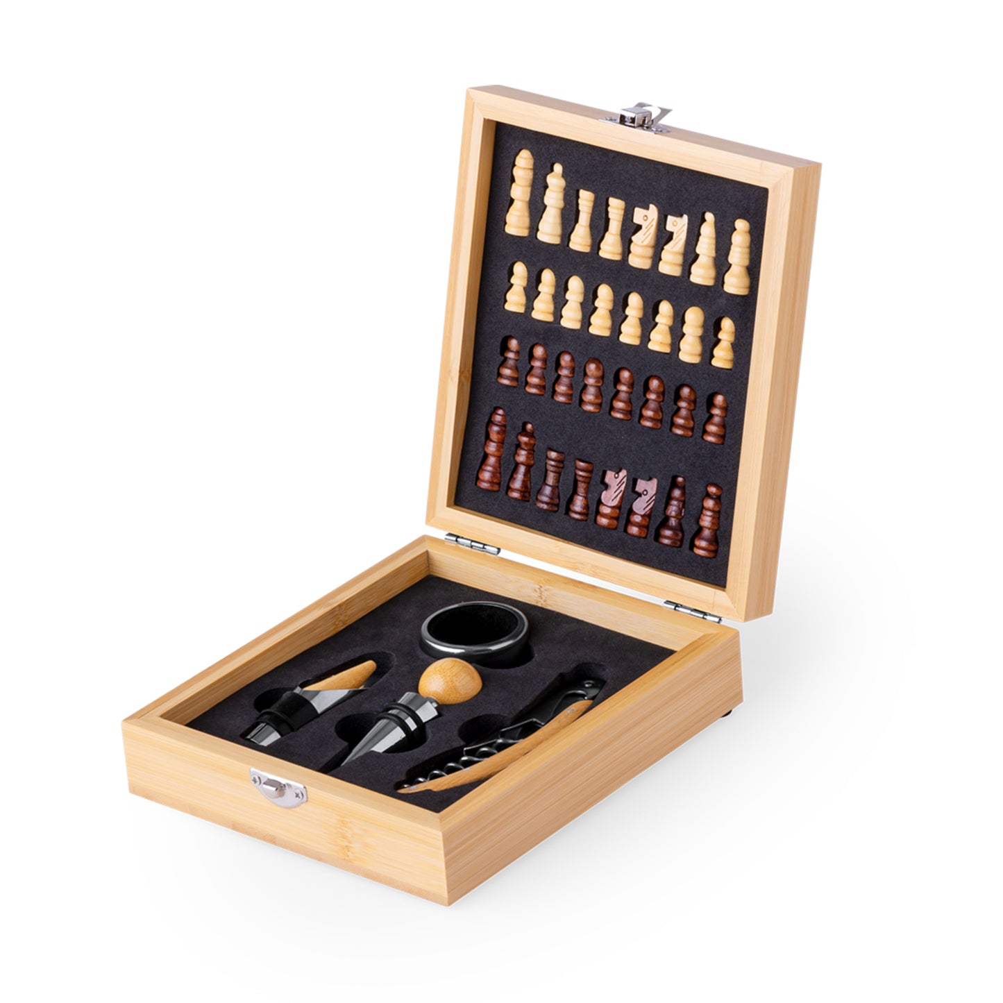 Caixa com jogo de xadrez e acessórios para vinho